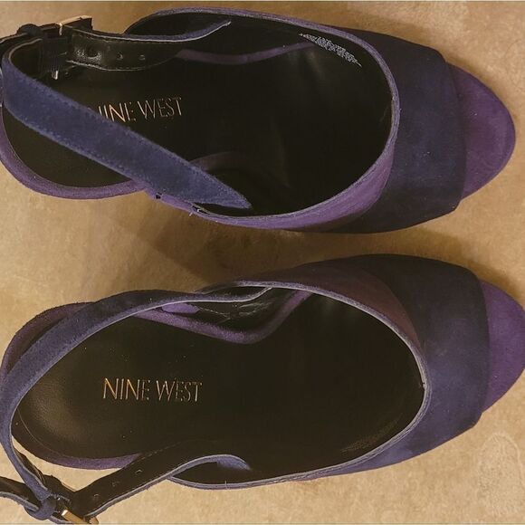 NINE WEST PURPLE/NAVY SUEDE OPEN TOE SLINGBACKS - Picture 2 of 4